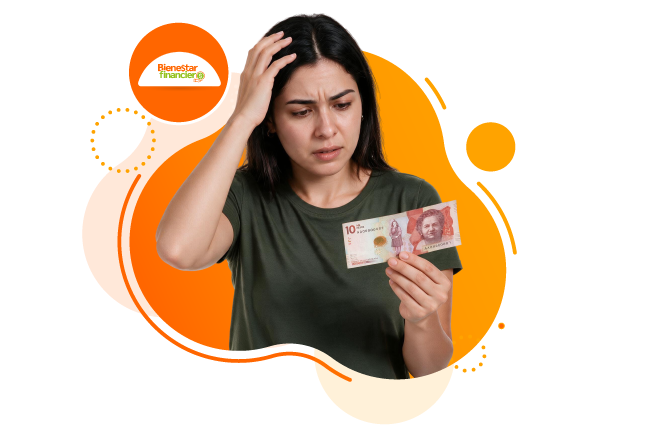 Mujer mirando un billete con preocupación