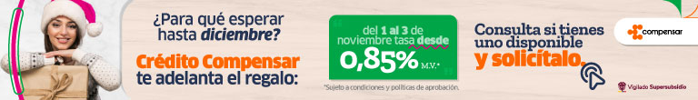 ¿Para qué esperar hasta diciembre? Crédito Compensar te adelanta el regalo: del 1 al 3 de noviembre tasa desde 0,85% M.V.* Consulta si tienes uno disponible y solicítalo. *Sujeto a condiciones y políticas de aprobación. Mujer joven con gorro de navidad fucsia sonriendo y posando sus manos sobre dos cajas de regalos.