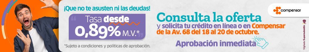 ¡Que no te asusten ni las deudas! Tasa desde 0,89% M.V.* Consulta la oferta y solicita tu crédito en línea o en Compensar de la Av. 68, del 18 al 20 de octubre. Aprobación inmediata. *Sujeto a condiciones y políticas de aprobación. Hombre con cara de sorpresa y levantando sus manos.