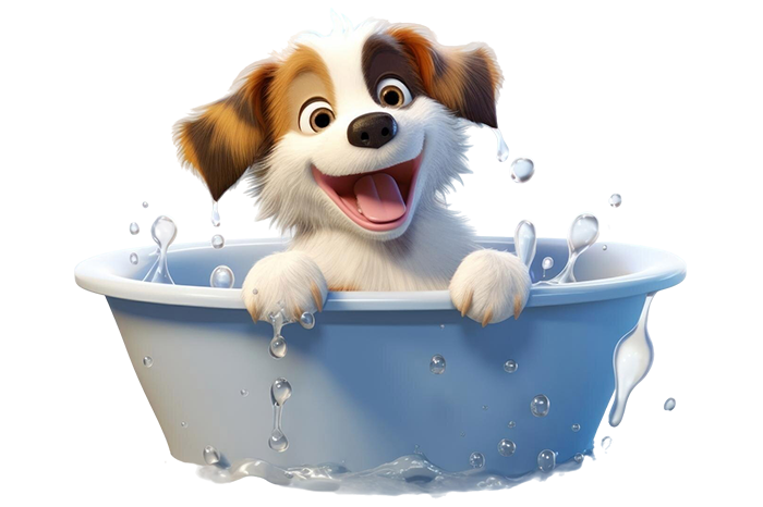 Caricatura de perro en un balde con agua