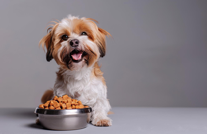 Cachorro con plato de comida