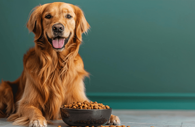 Perro adulto con plato de comida