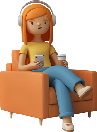 Caricatura de mujer sentada en un sillón con un celular