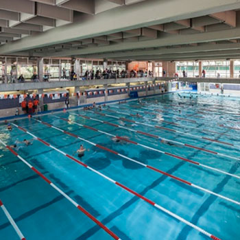Amplia piscina olímpica techada con carriles señalizados con flotadores rojos y blancos, nadadores en el agua y una tribuna o balcón superior con asistentes observando la actividad.