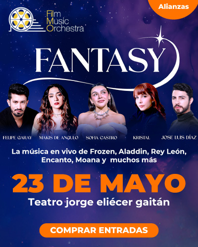 Banner del concierto Fantasy con música en vivo de Frozen, Aladdin, El Rey León, Encanto y Moana, el 23 de mayo en el Teatro Jorge Eliécer Gaitán.