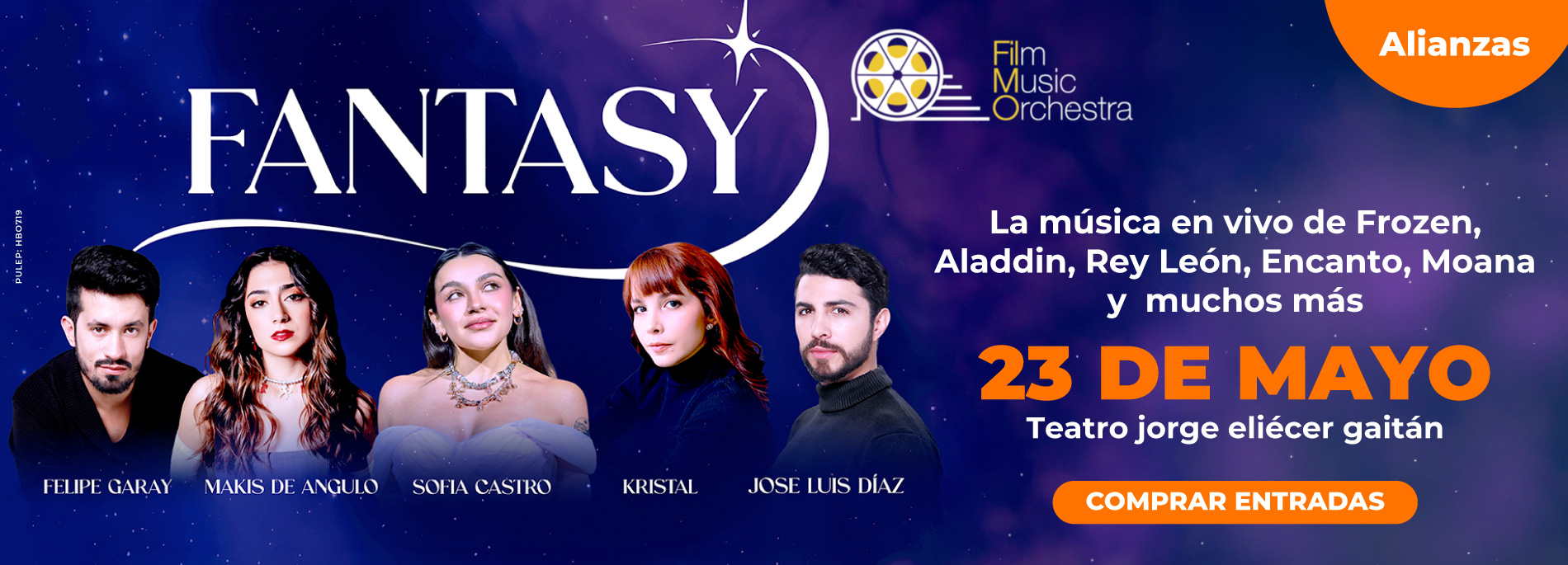 Banner del concierto Fantasy con música en vivo de Frozen, Aladdin, El Rey León, Encanto y Moana, el 23 de mayo en el Teatro Jorge Eliécer Gaitán.