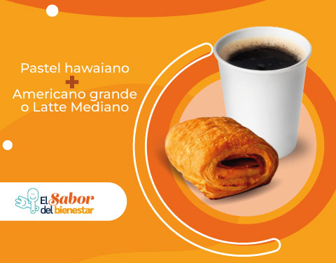 Combo Pastel hawaiano + americano grande o latte mediano por 8.500 pesos.