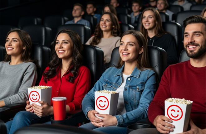 Sala de cine de Cinemark. hombres y mujeres comiendo palomitas de maiz