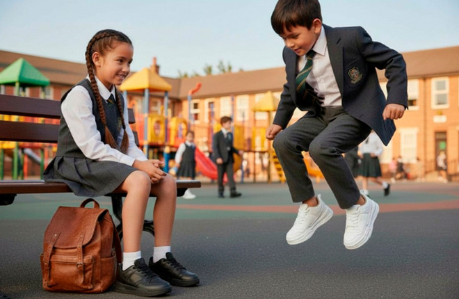 Niños con uniforme de colegio jugando en el recreo