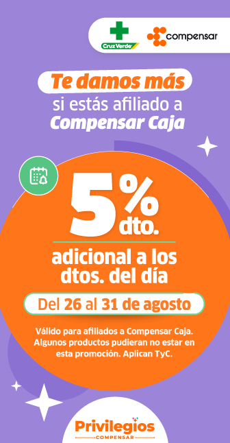 Te damos más si estás afiliado a Compensar Caja, 5% de descuento adicional a los descuentos de día, del 26 al 31 de agosto. Válido para afiliados a Compensar Caja, algunos productos pudieran no estar en esta promoción, aplican términos y condiciones, logos Cruz Verde, Privilegios y Compensar.