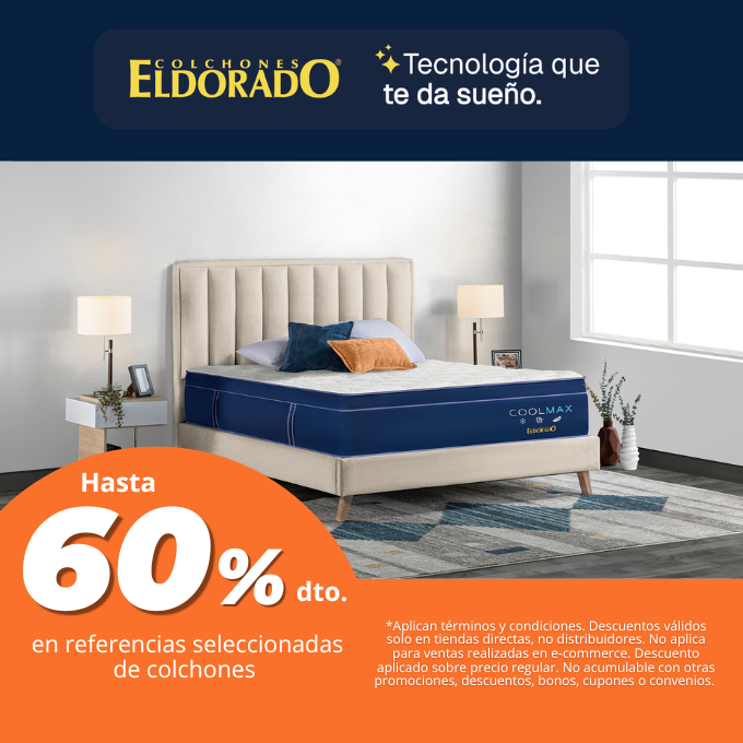 Colchones El Dorado, tecnología que te da sueño. Hasta 60% de desctuento en referencias seleccionads de colchones. Aplican términos y condiciones. Precio exclusivo para el evento Csa Shower 2026 del 20 al 24 de mayo 2026.