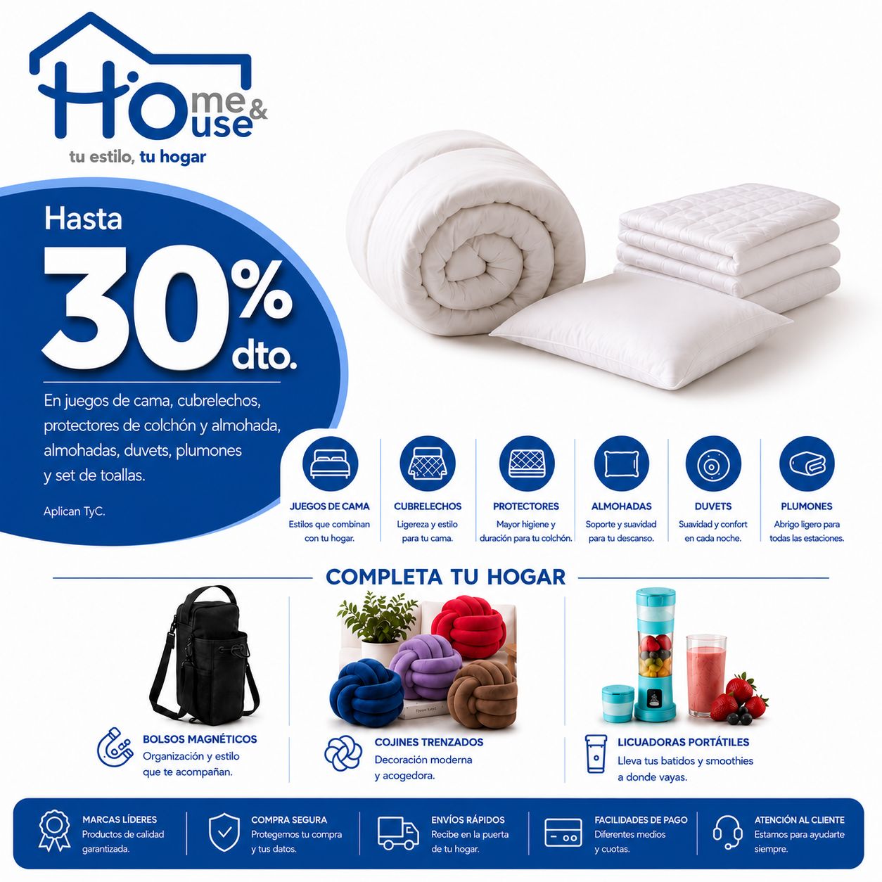 HomeAndHouse. Hasta el 30% de descuento en juegos de cama, cubrelechos, protector de colchón y almohada, duvets, plumones y set de toallas