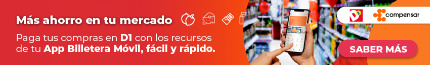 Más ahorro en tu mercado. Paga tus compras en D1 con los recursos de tu App Billetera Móvil, fácil y rápido. Saber más.