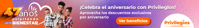 Familia de hombre, mujer y niño sonriendo, logo Privilegios Compensar, ¡Celebra el aniversario con Privilegios! Aprovecha los descuentos exclusivos por aniversario. Ver beneficios