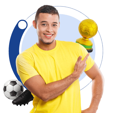 Hombre con copa de fútbol, balón y guayo