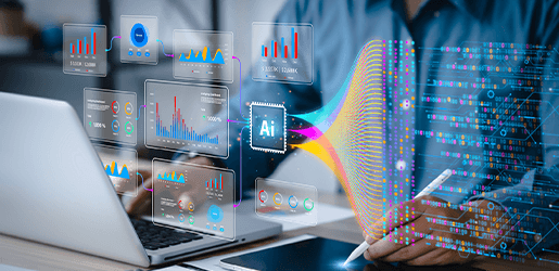 Persona utilizando inteligencia artificial para analizar datos e indicadores desde una tableta y computador.