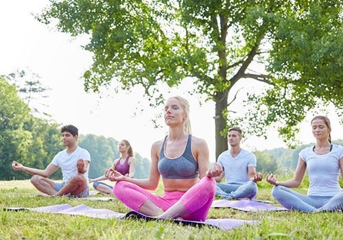 grupo de adultos meditando en un parque