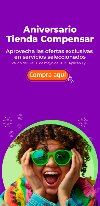 Aniversario Tienda Compensar. Aprovecha las ofertas exclusivas en servicios seleccionados. Válido del 6 al 16 de mayo de 2025. Aplican TyC. Compra aquí. Primer plano mujer de cabello marrón crespo con gafas de sol de lentes verdes y marco color neón, toma su cara con las dos manos mientras abre sus ojos y boca expresando asombro.