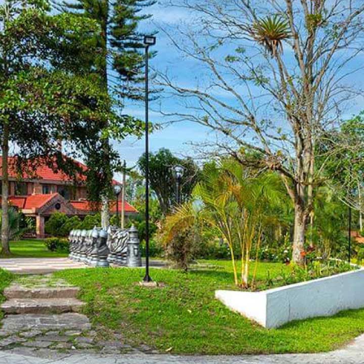 Espacio campestre al natural con jardines, árboles y construcciones con techo rojo al fondo. 