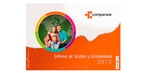 Logo de Compensar; texto: informe de gestión y  sostenibilidad 2013; imagen de familia sonriendo