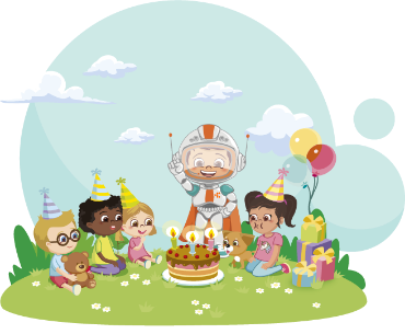 Ilustración de niña de 5 años, celebrando su cumpleaños, acompañada de tres amigos y de Súpervac. 