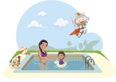 Ilustración de madre e hija dentro de una piscina, acompañados de Súpervac 