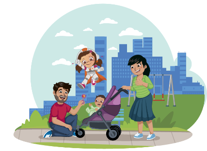 Ilustración de papá y mamá paseando por el parque a su bebé que está en un coche. Están acompañados por Ultravac. 