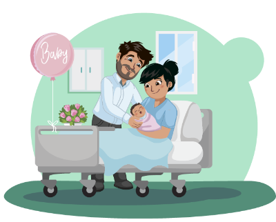 Ilustración de padres en un hospital. La madre está en camilla con su bebé recién nacido