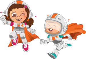 Ilustración de dos niños en traje espacial, representando a Supervac y Ultravac