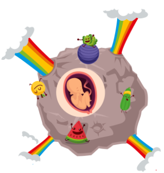  Ilustración de un planeta cuyo núcleo es un feto de 28 semanas. Del planeta salen cuatro rayos con los colores del arcoíris.  
