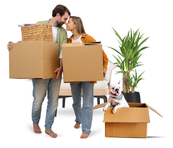 Hombre, mujer y mascotas con tres cajas de cartón