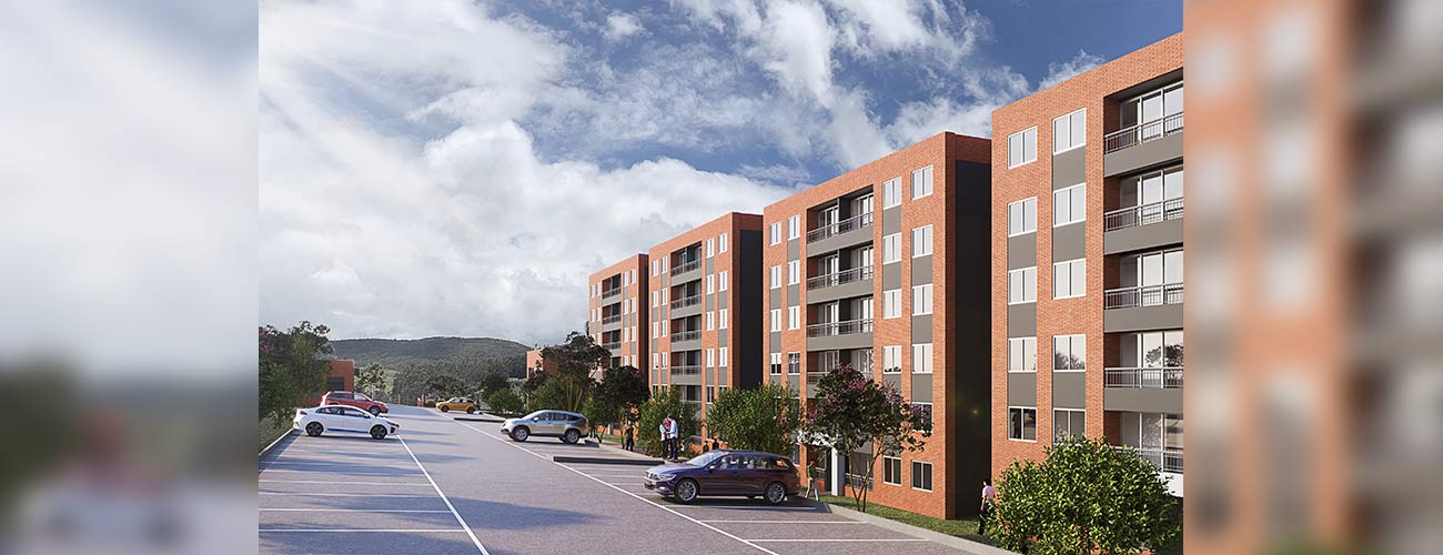 Render vista fachada del proyecto Arrayan - Bosques de la Calera