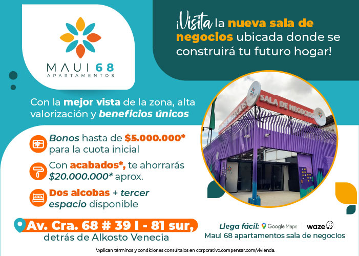 Visita nuestra sala de negocios ubicada donde se construirá tu futuro hogar. Con la mejor vista de la zona, alta       valorización y beneficios únicos. Bonos hasta $5.000.000* para la cuota inicial. Con acabados*. Te ahorrarás 20.000.000 aproximadamente. Dos alcobas más tercer espacio disponible. Avenida Carrera 68 No 39 I – 81 sur, detrás del Alkosto de Venecia. Aplican términos y condiciones consultándolos en corporativo.compensar/vivienda 